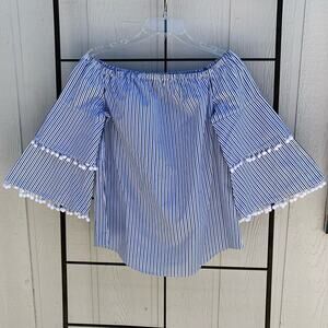 Belle Sky Off Shoulder Layered Pom Pom Bell Sleeves White Blue Black Top Size M
